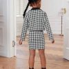 Girl's 2 Piece Outfits Houndstooth Print Double Button Long Sleeve Jacket and Cami Dress Set