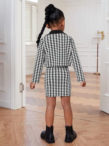 Girl's 2 Piece Outfits Houndstooth Print Double Button Long Sleeve Jacket and Cami Dress Set