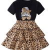 Girl's 2 Piece Set Graphic Short Sleeve Leopard Layered Ruffle A Line Skirt Outfits