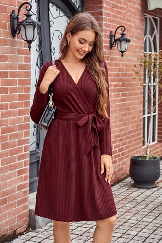 Womens 2025 Fall Dresses Teacher Church Business Casual Work Outfits Knit Midi Sweater Pockets Belt Dress