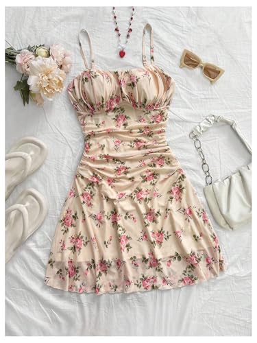 Women's Plus Size Boho Floral Cami Dress Ruched Spaghetti Strap A Line Short Dresses