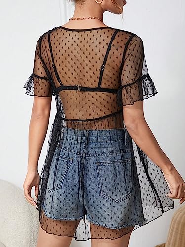 Women's Polka Dots Sheer Mesh Mini Dress Short Sleeve Ruffle Hem Flared Dresses