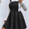 Women's Plus Size PU Leather Overalls Sleeveless Flare Hem Solid Pinafore Dress