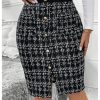Women's Plus Size Plaid Skirt High Waisted Button Front Split Hem Knee Length Pencil Skirts