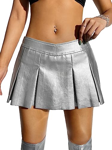 Women's Metallic A Line Skirt Pu Drop Waist Pleated Mini Party Club Skirt